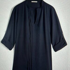41 Hawthorn Breyson Pleated Tab-Sleeve Blouse  Navy Blue NWOT Size M